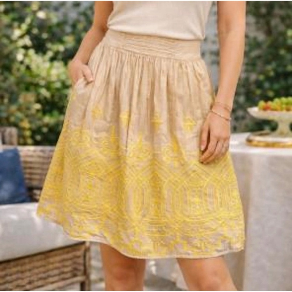 Tiny by Anthropologie Embroidered Skirt Women S Tan Yellow Boho Geometric A-Line